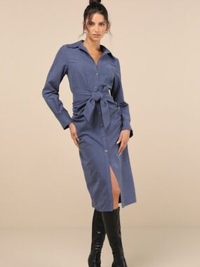 Lulus Autumnal Views Dark Blue Suede Button-up Tie-front Midi Dress - Size L